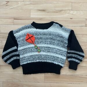 Hand Knit Toddler Sweater 2T 3T Gray Black Wool Blend Cute Kids Pullover